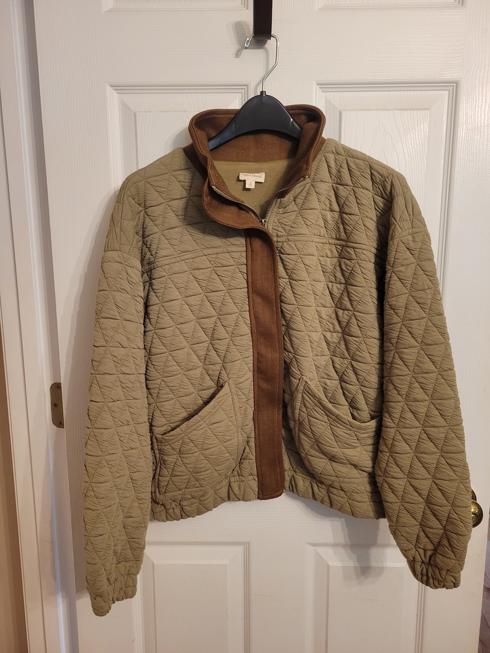 Hem & Thread Quilted Bomber Jacket in Olive with Brown Trim